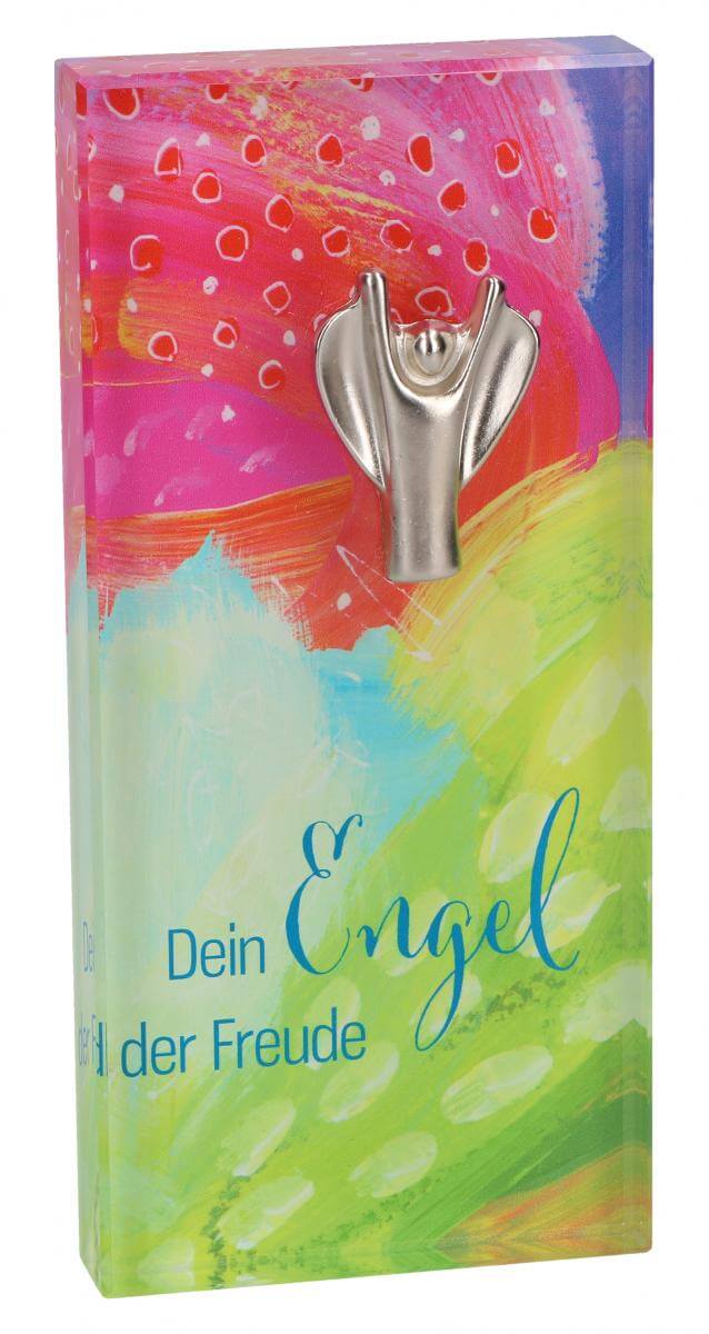 Glasquader: Dein Engel der Freude, mit Engel aus Feinmetall, 6x13cm, farbig bedruckt