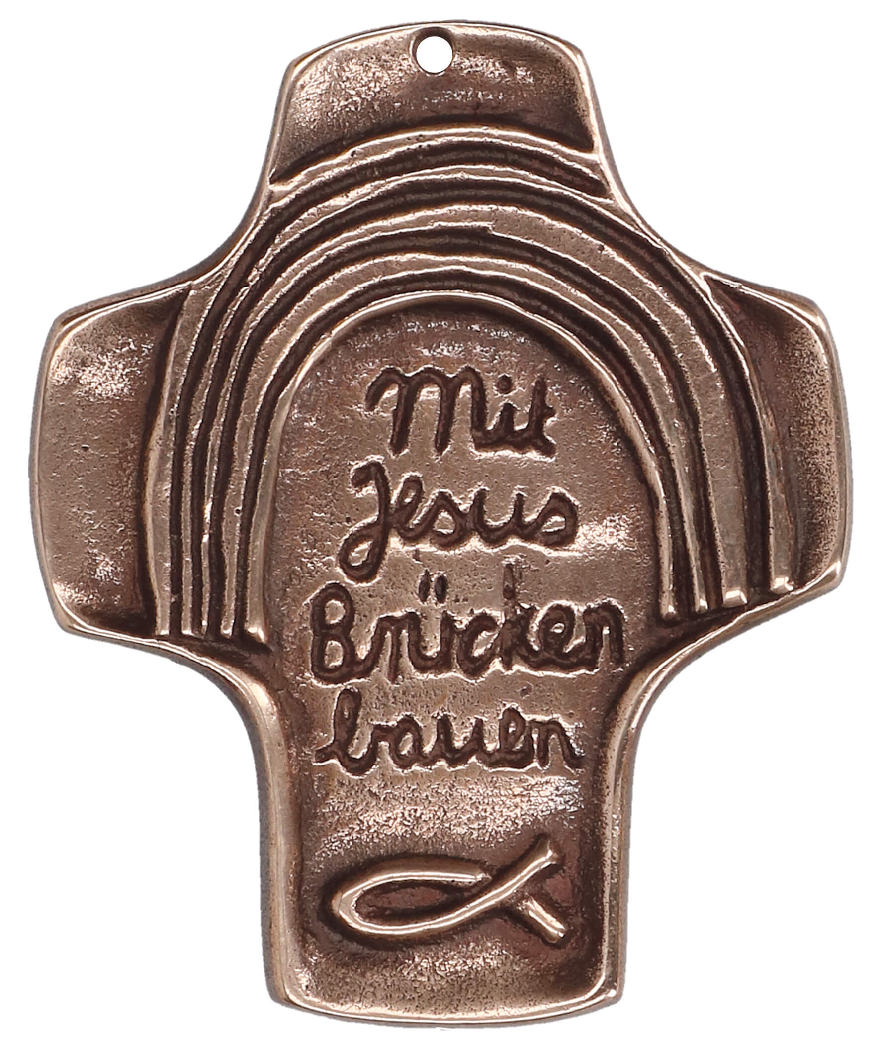Bronze Symbolkreuz: Mit Jesus Brücken bauen, 9.5cm