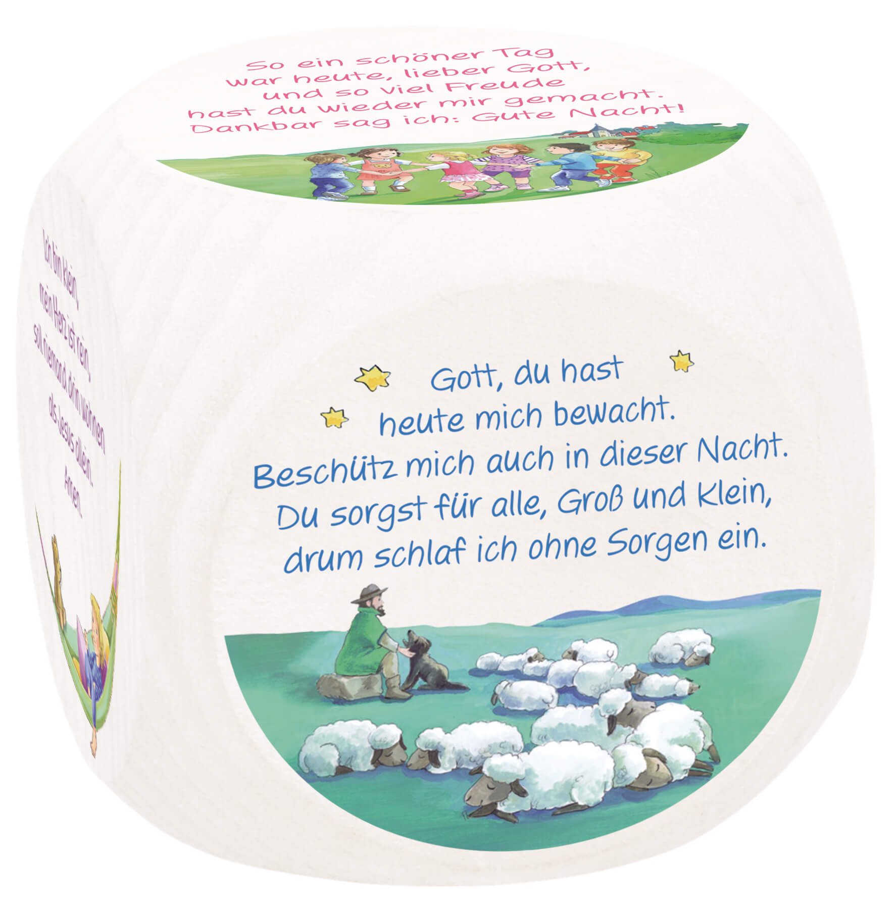 Gebetswürfel: Abendgebete 6x6cm Buche, weiss lackiert mit farbiger Prägung