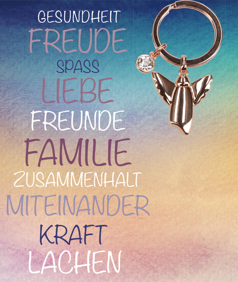 MB 3 Engel-Schlüsselanhänger Freude, Gesundheit...Metall rosegold mit weissem Steinchen
