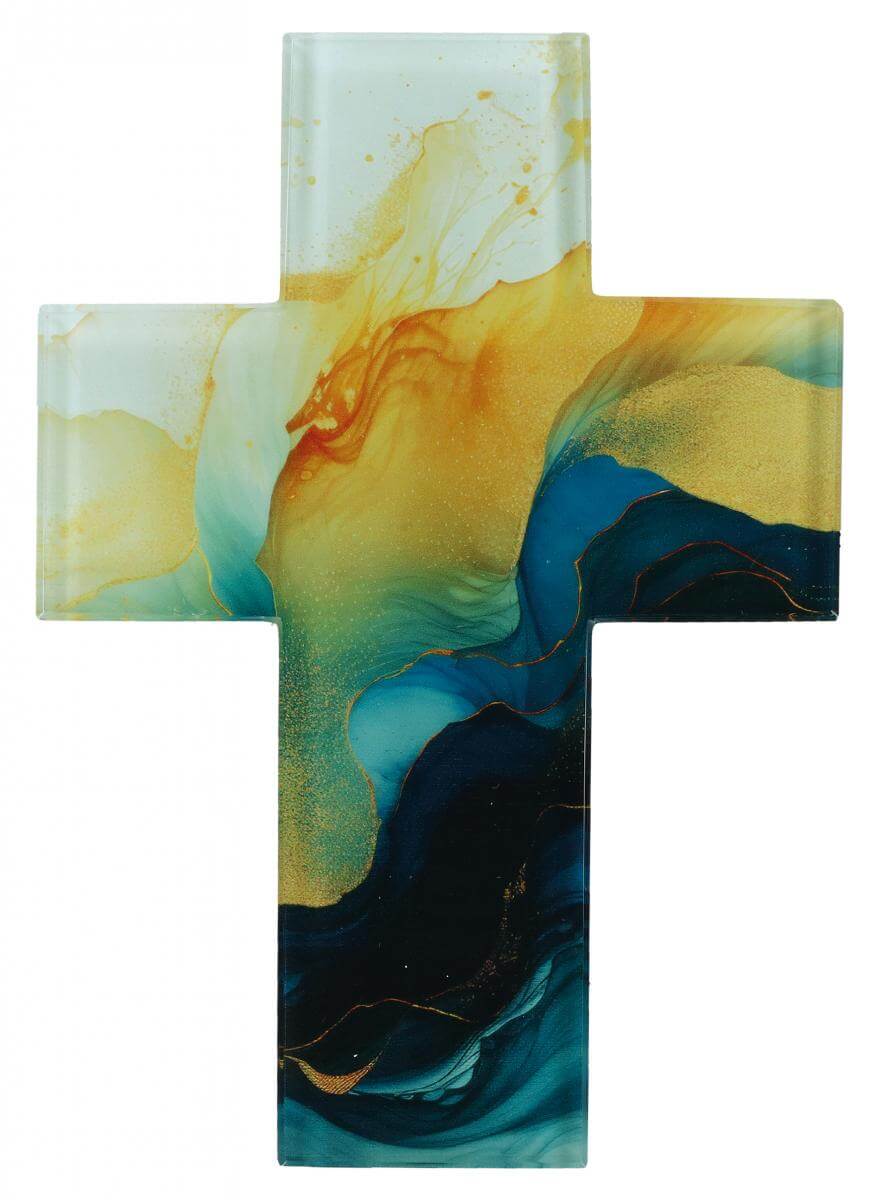 Schmuckkreuz aus Glas, 17.7cm farbig bedruckt, in Geschenkverpackung