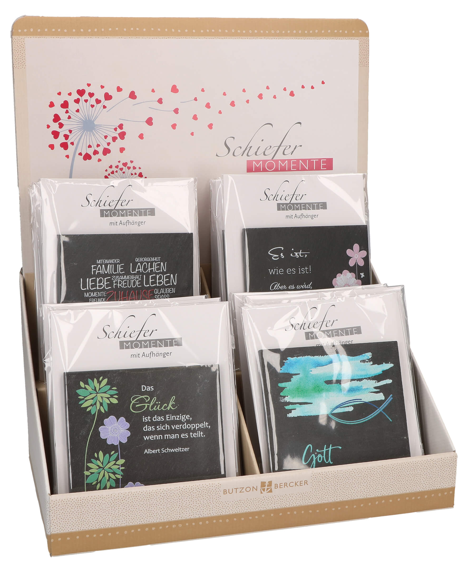Display: Botschaften, die Freude schenken, 8x 3 Stück Schiefermomente