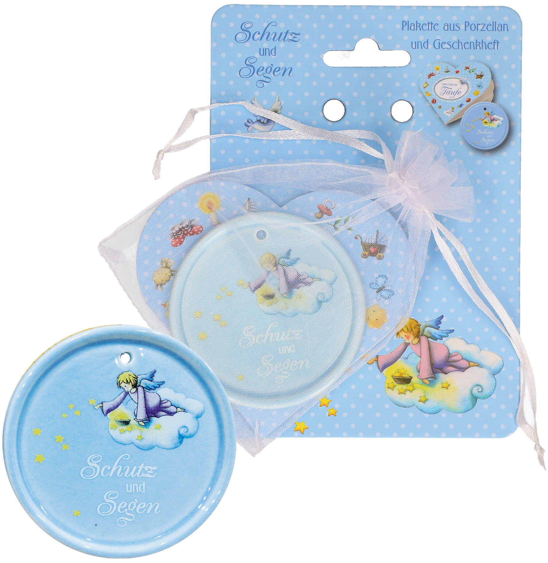 Porzellan-Plakette blau: Schutz und Segen (7,5cm farbig bedruckt in Organzabeutel)