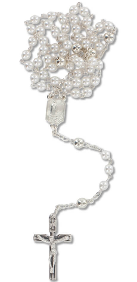 Rosenkranz Kunststoffperlen weiss gekettelt m. Metallkreuz