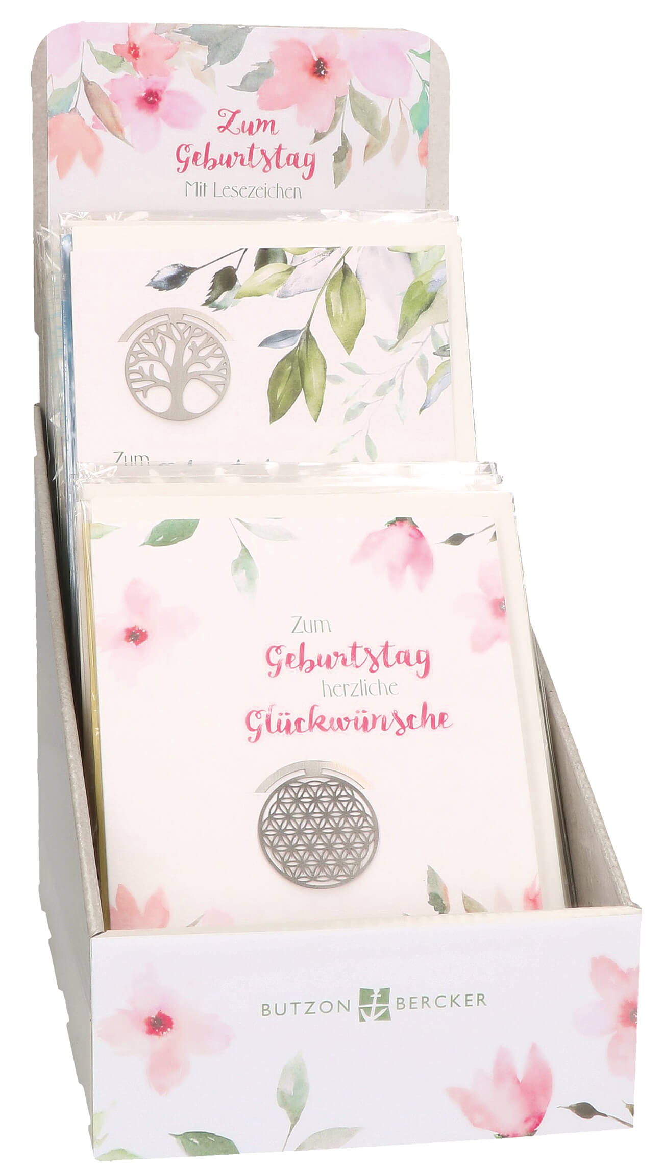 Display: Geburtstag mit Lesezeichen aus Edelstahl (4 Motive mit gesamt 24 Karten)