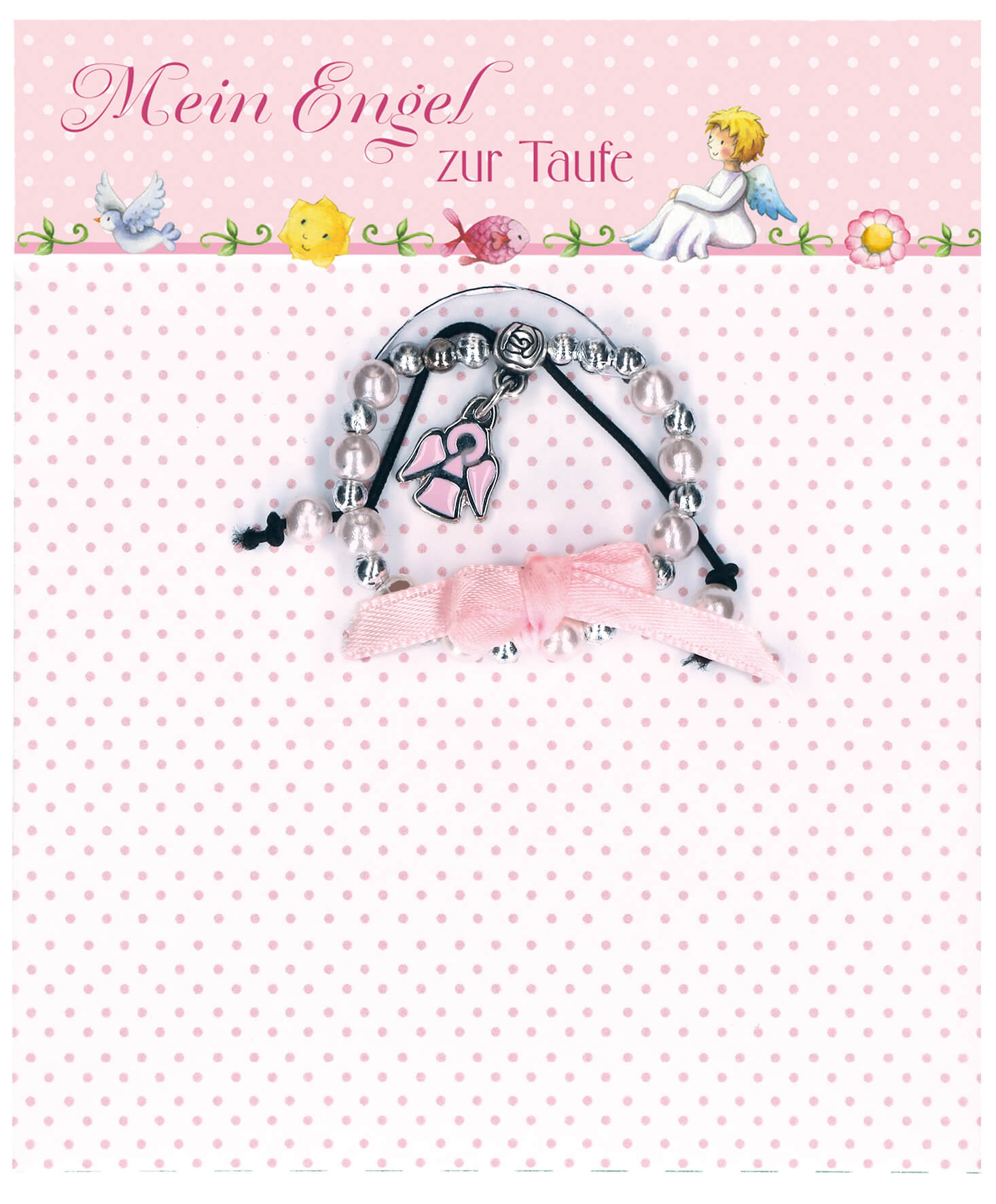 MB 3 Armband Mein Engel zur Taufe rosa Kunststoffperlen mit Rose und Engel aus Metal
