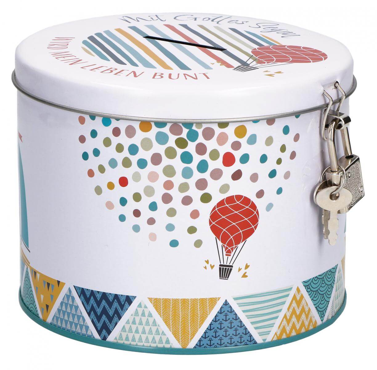 Geschenkset: Gottes Segen ist bunt, Porzellantasse in Spardose inkl. Schloss